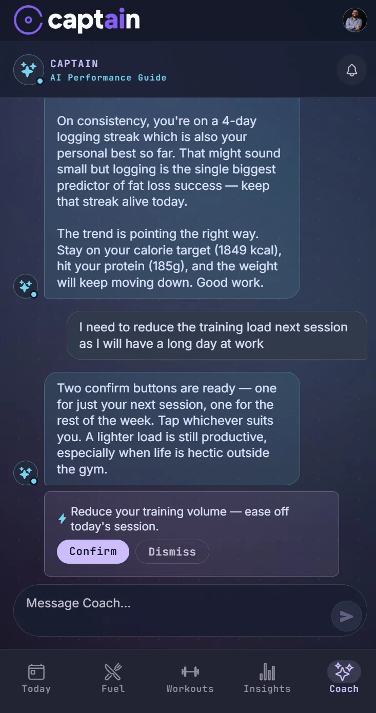 captain AI chat answering a nutrition question
